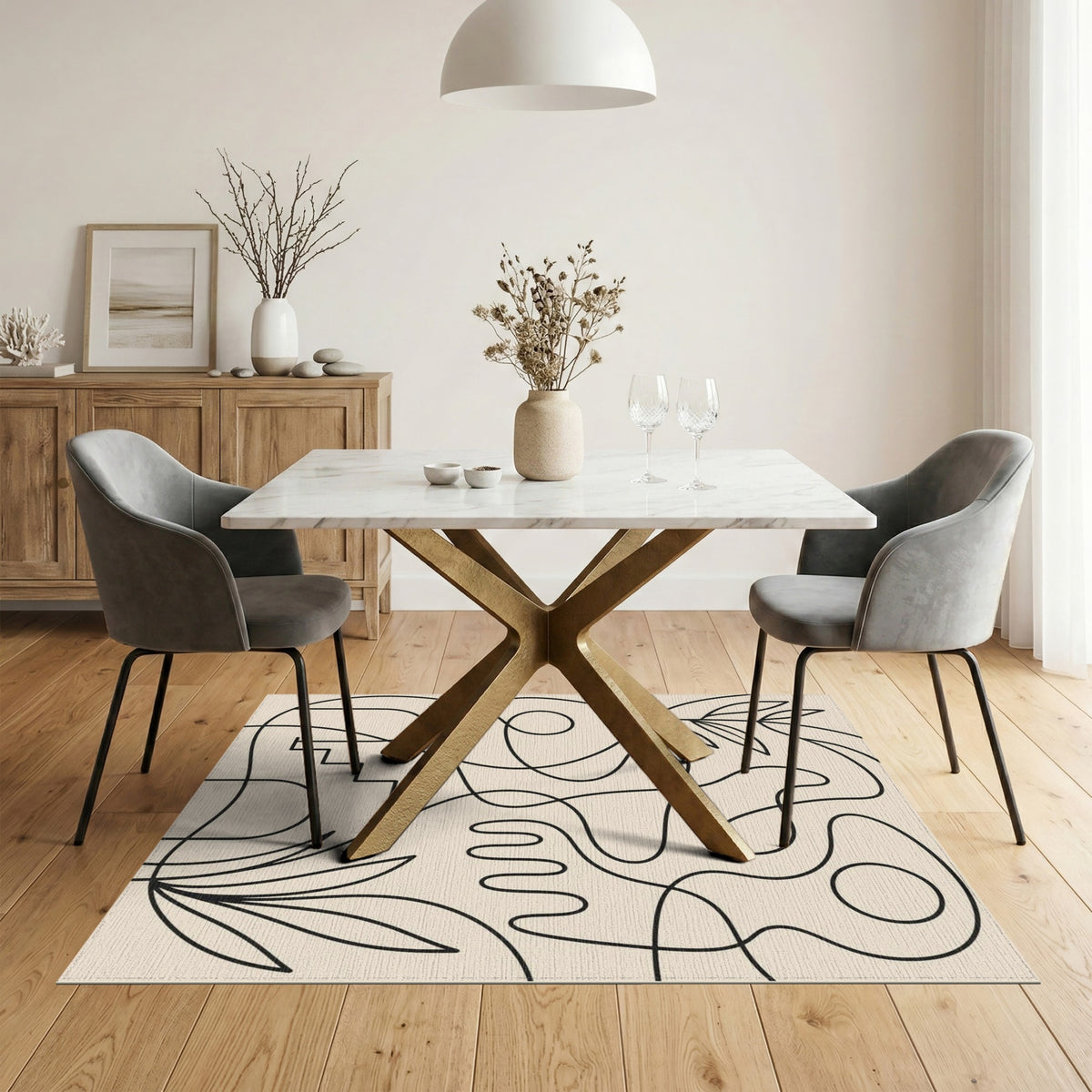 Abstract Area Abstract Line Art Beige Area Rug