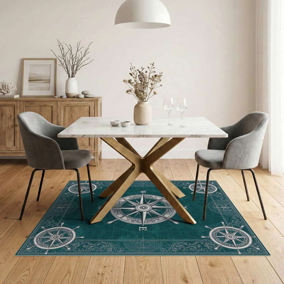 Vintage Nautical Compass Teal Area Rug