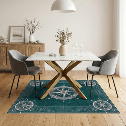 Vintage Nautical Compass Teal Area Rug