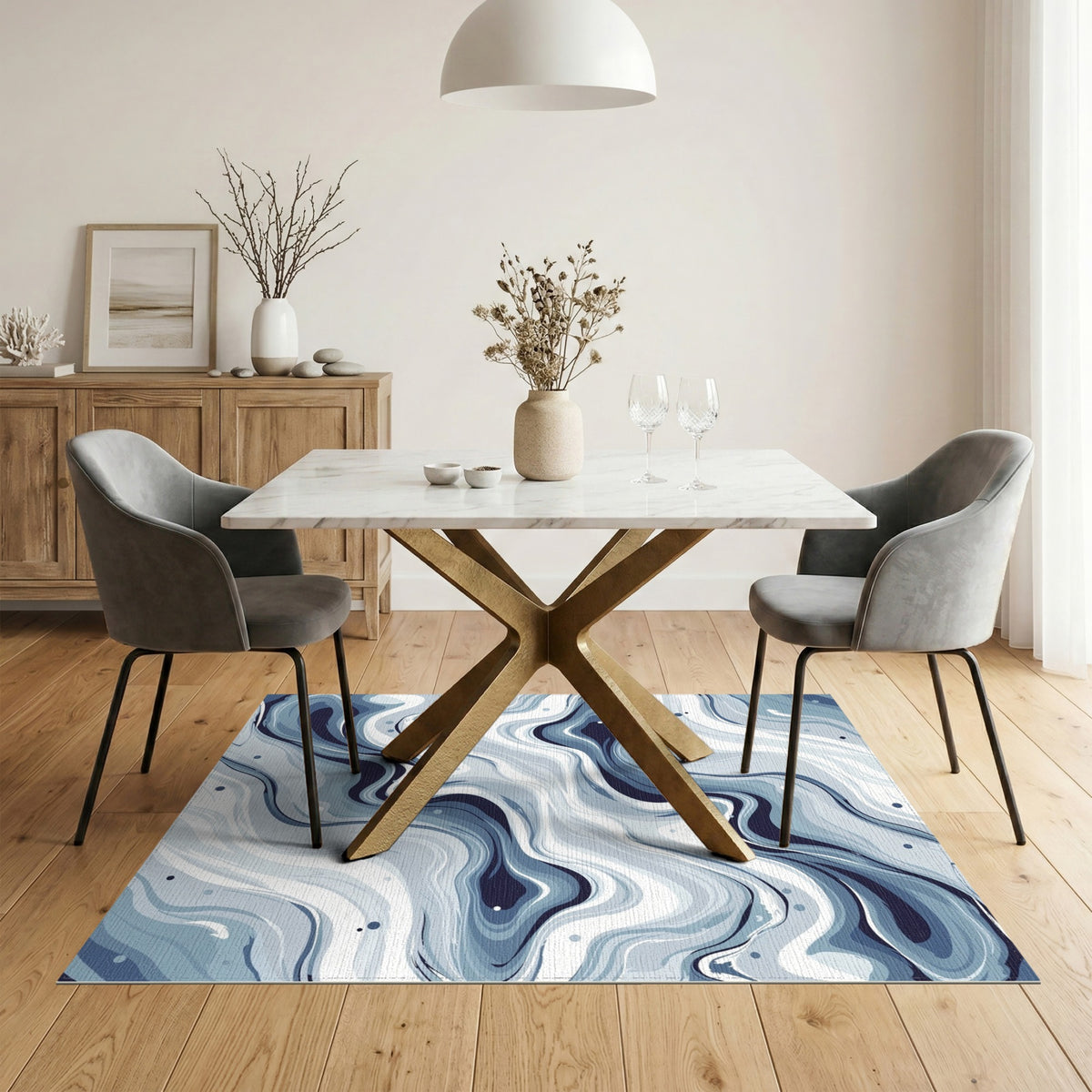 Blue and Teal Blue Swirl Marble Washable Area Rug