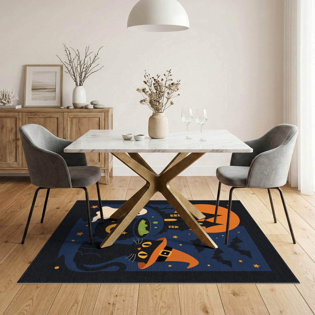 Spooky Halloween Witch Cat Area Rug