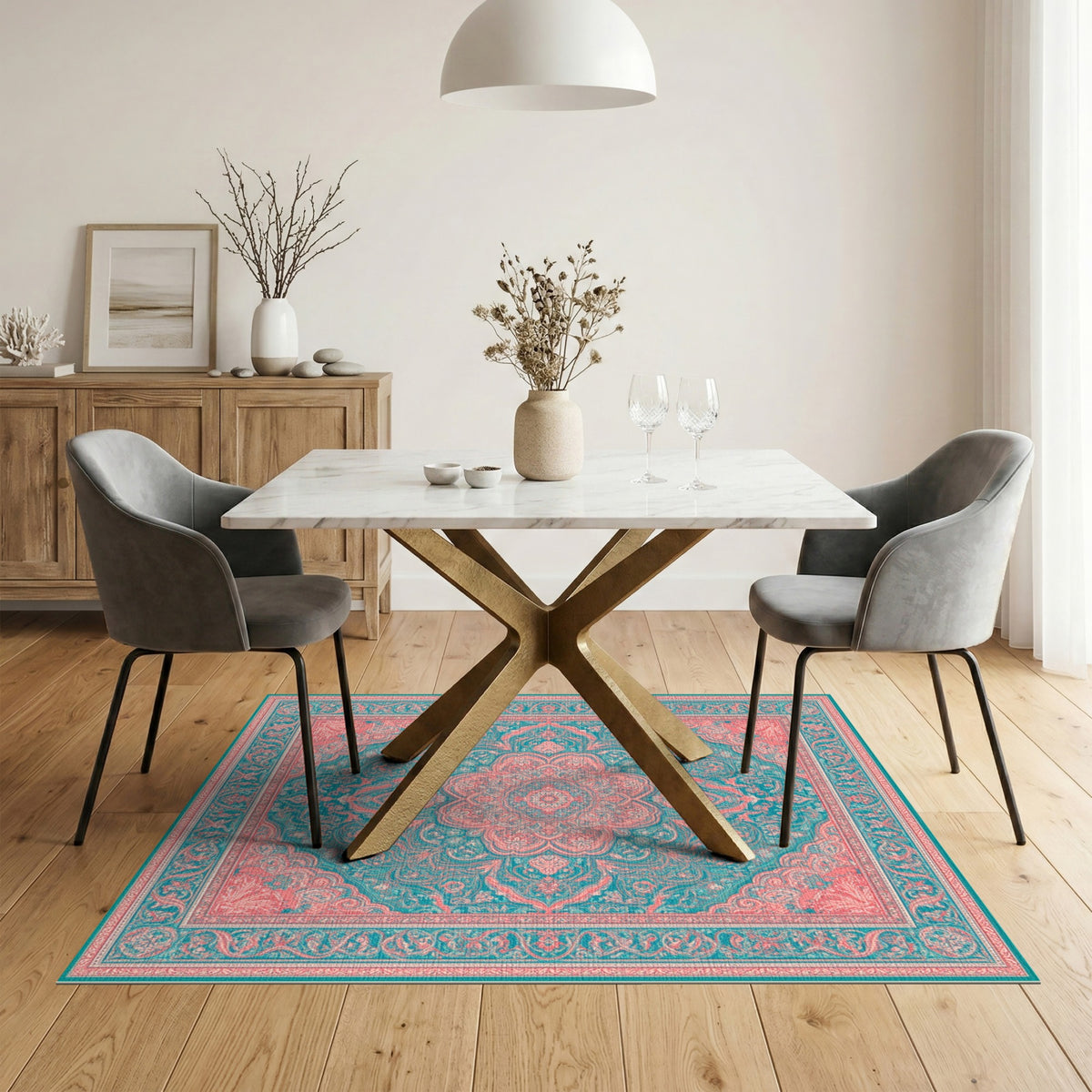 Blue and Teal Pink Persian Medallion Area Rug