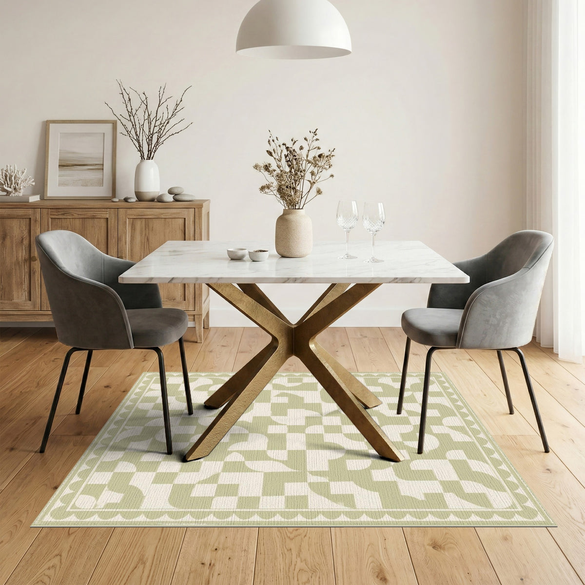Sage Green Geometric Scalloped Area Rug