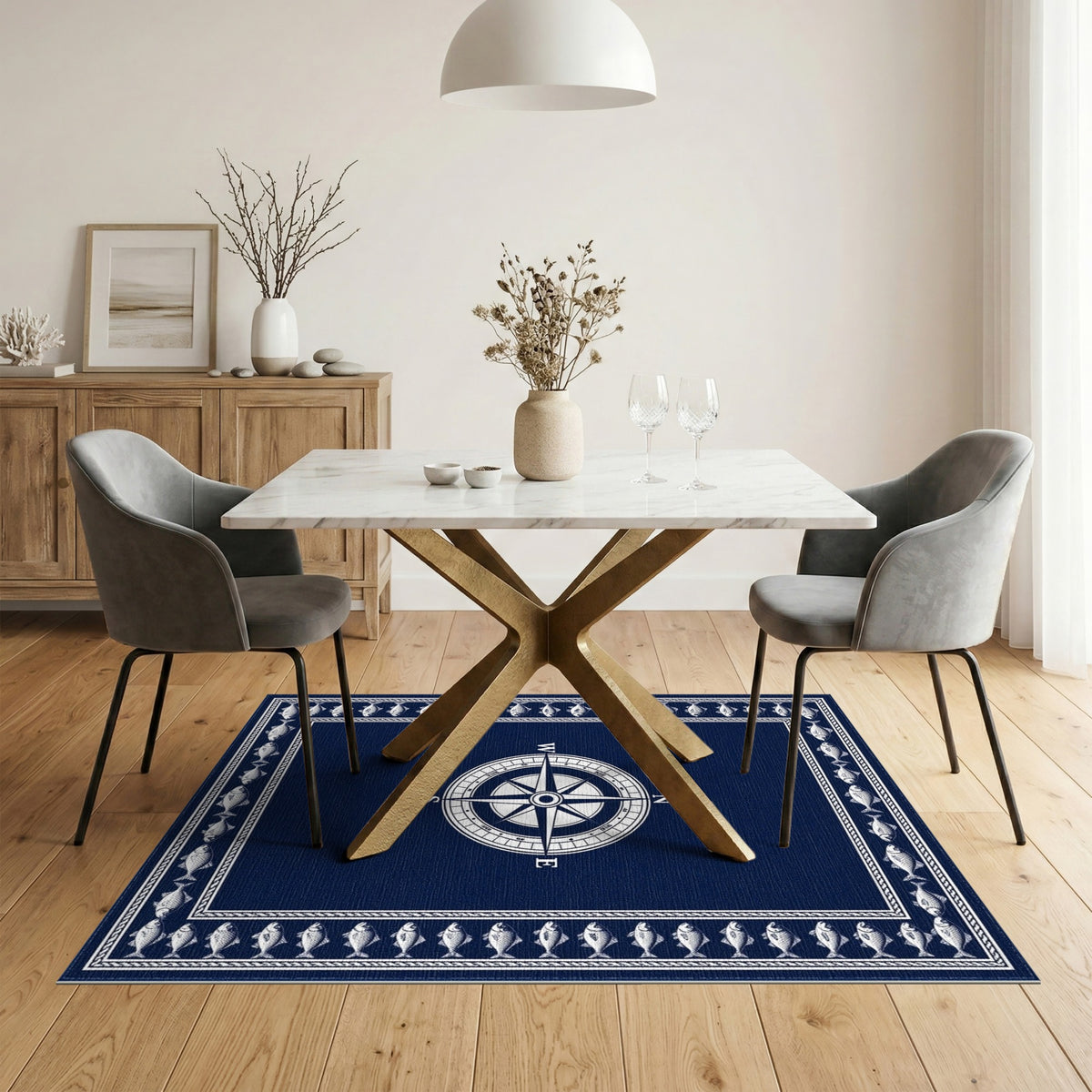 Navy Compass Fish Coastal Area Rug