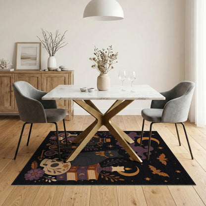Mystic Black Cat Skull Washable Area Rug