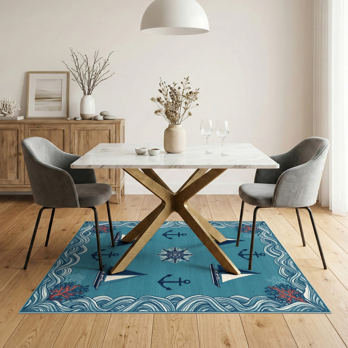 Coastal Blue Sailboat and Anchor Area Rug