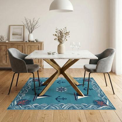 Coastal Blue Sailboat and Anchor Area Rug