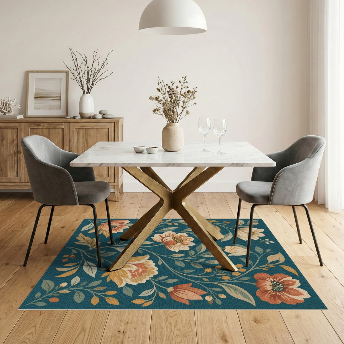 Washable Teal Floral Vintage Washable Area Rug