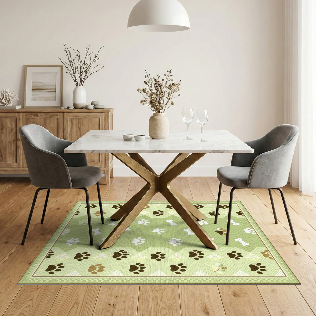 Green Paw Print Bone Kids Area Rug