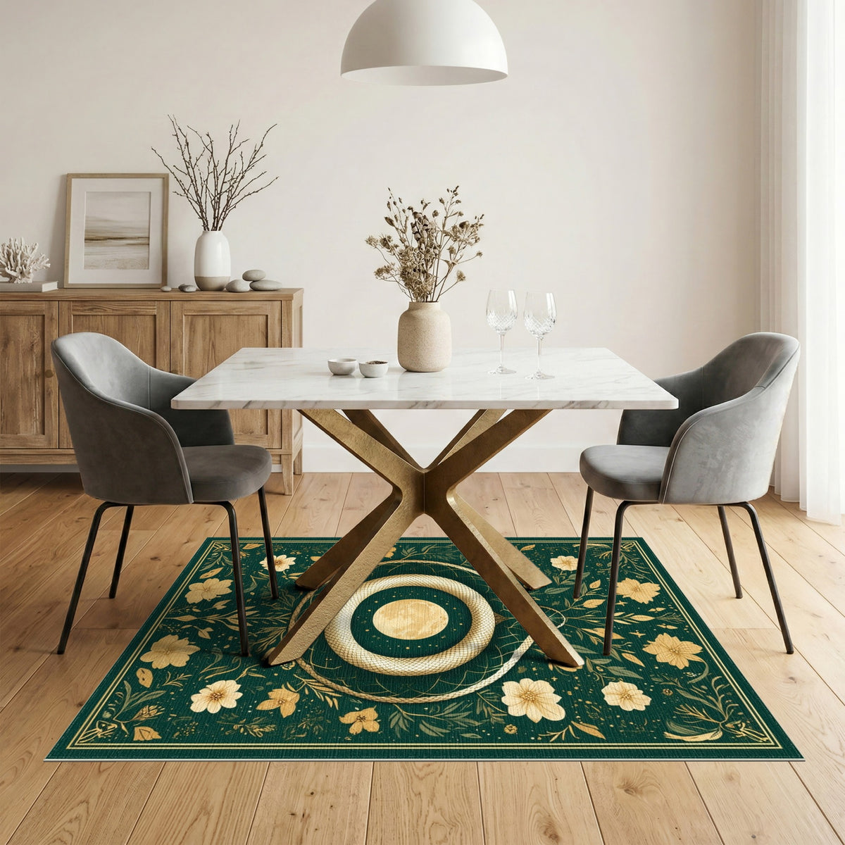 Golden Serpent Moon Floral Green Area Rug