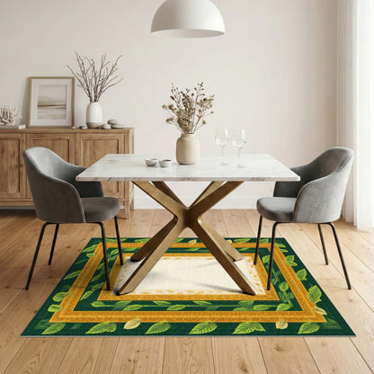 Green Gold Leaf Ornate Frame Area Rug