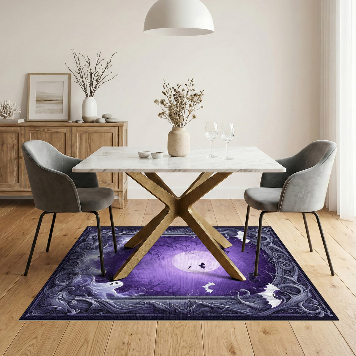 Spooky Purple Ghosts and Bats Halloween Rug