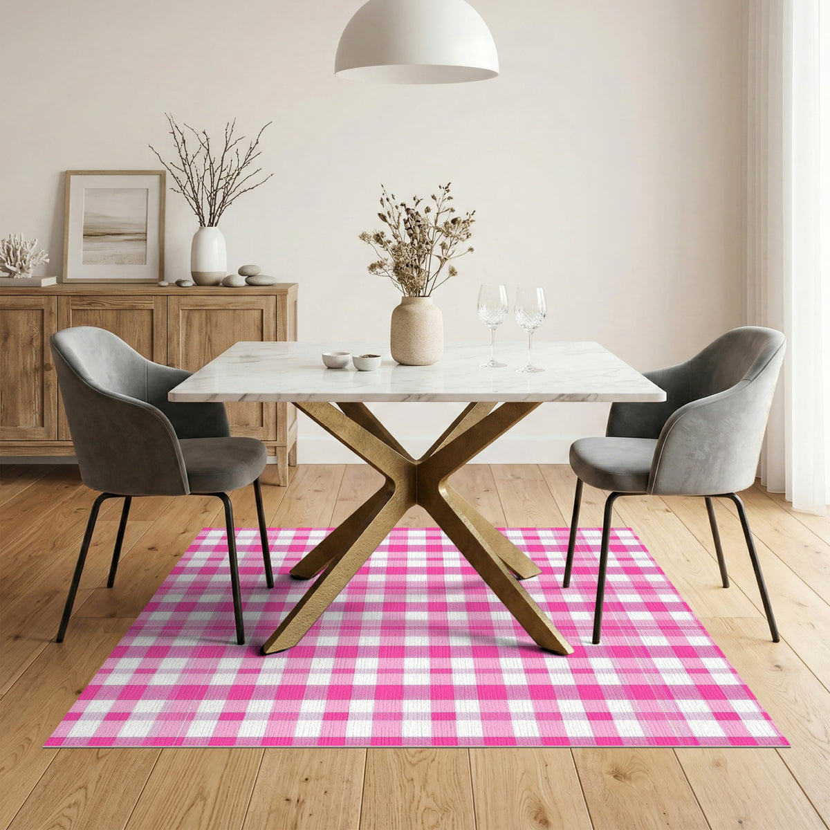 Pink Rustic Farmhouse Pink Gingham Check Washable Area Rug