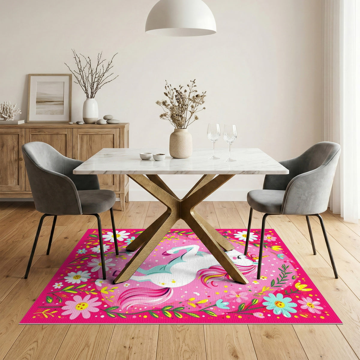 Pink Unicorn Floral Kids Area Rug