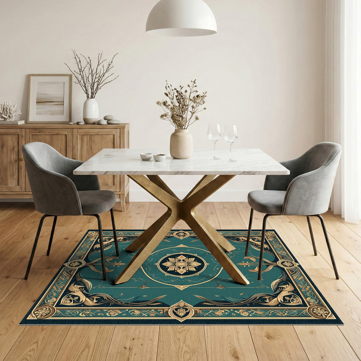 Blue and Teal Gold Persian Medallion Area Rug
