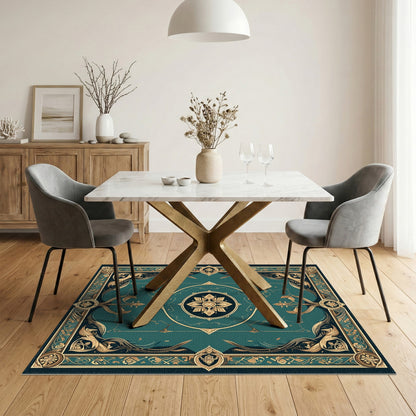 Blue and Teal Gold Persian Medallion Area Rug