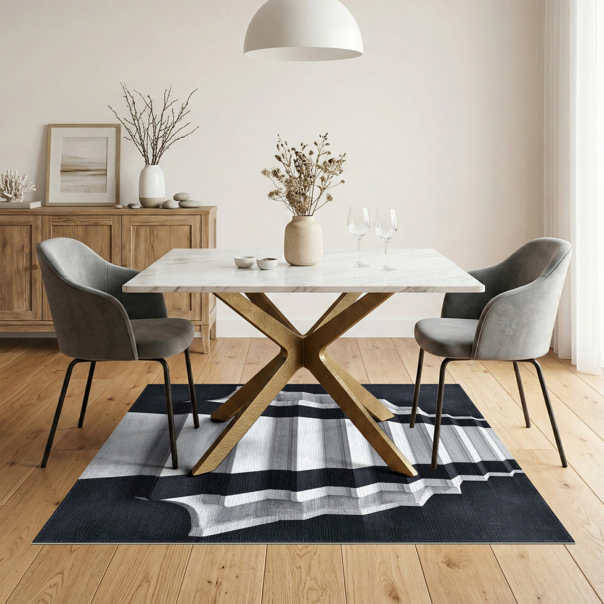 Black White Geometric Staircase Area Rug