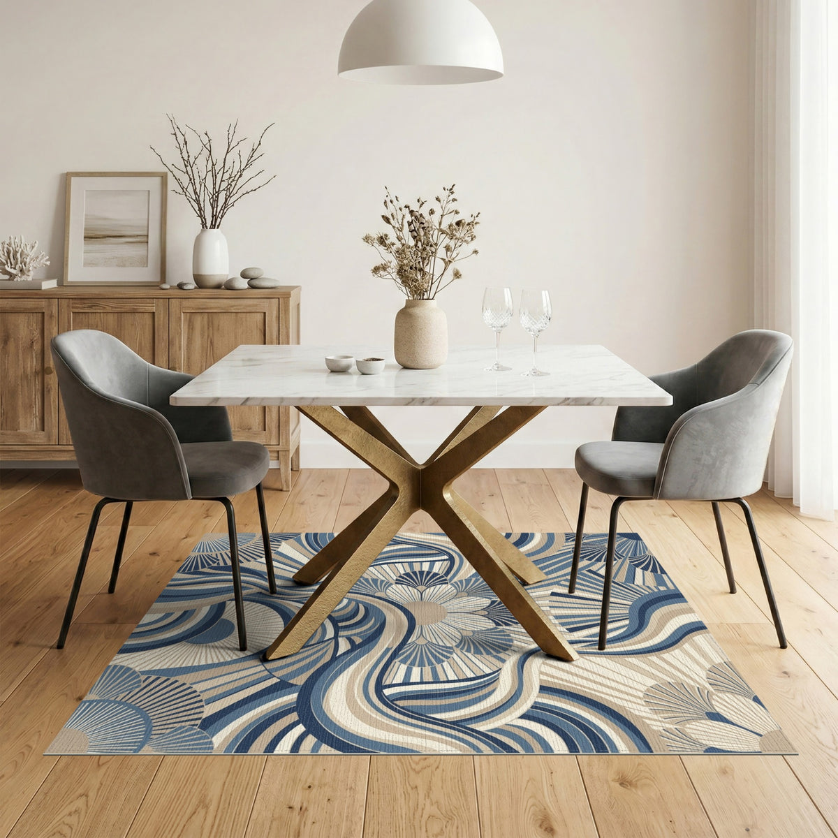 Blue Teal Abstract Wave Floral Area Rug