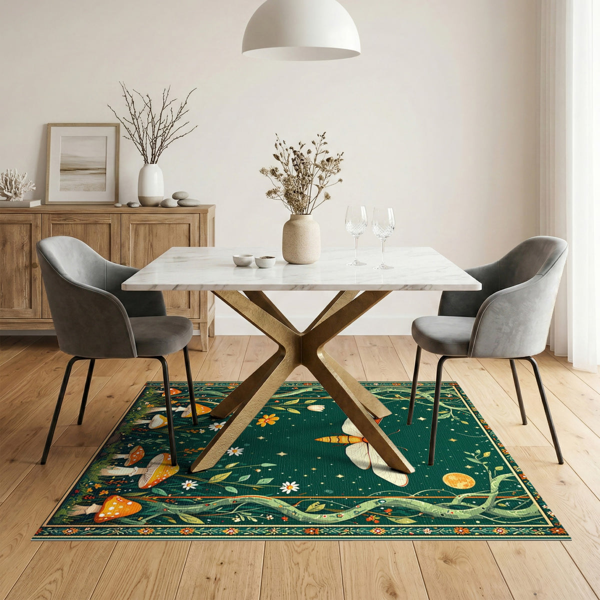 Enchanted Moth Mushroom Green Kids Area Rug