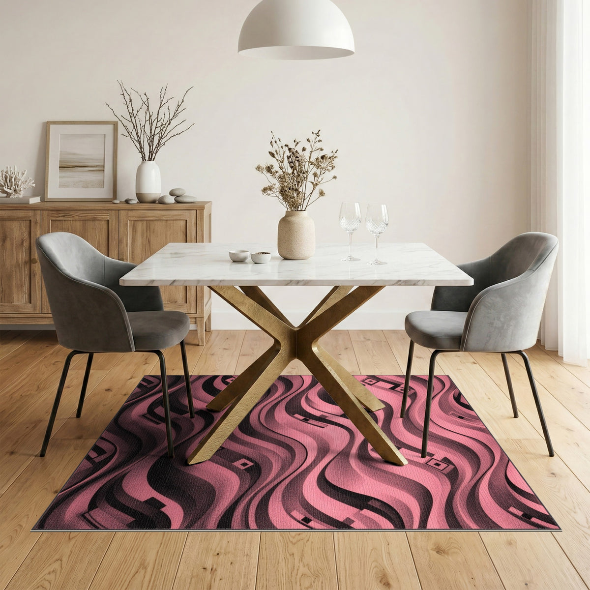 Pink Wavy Geometric Area Rug