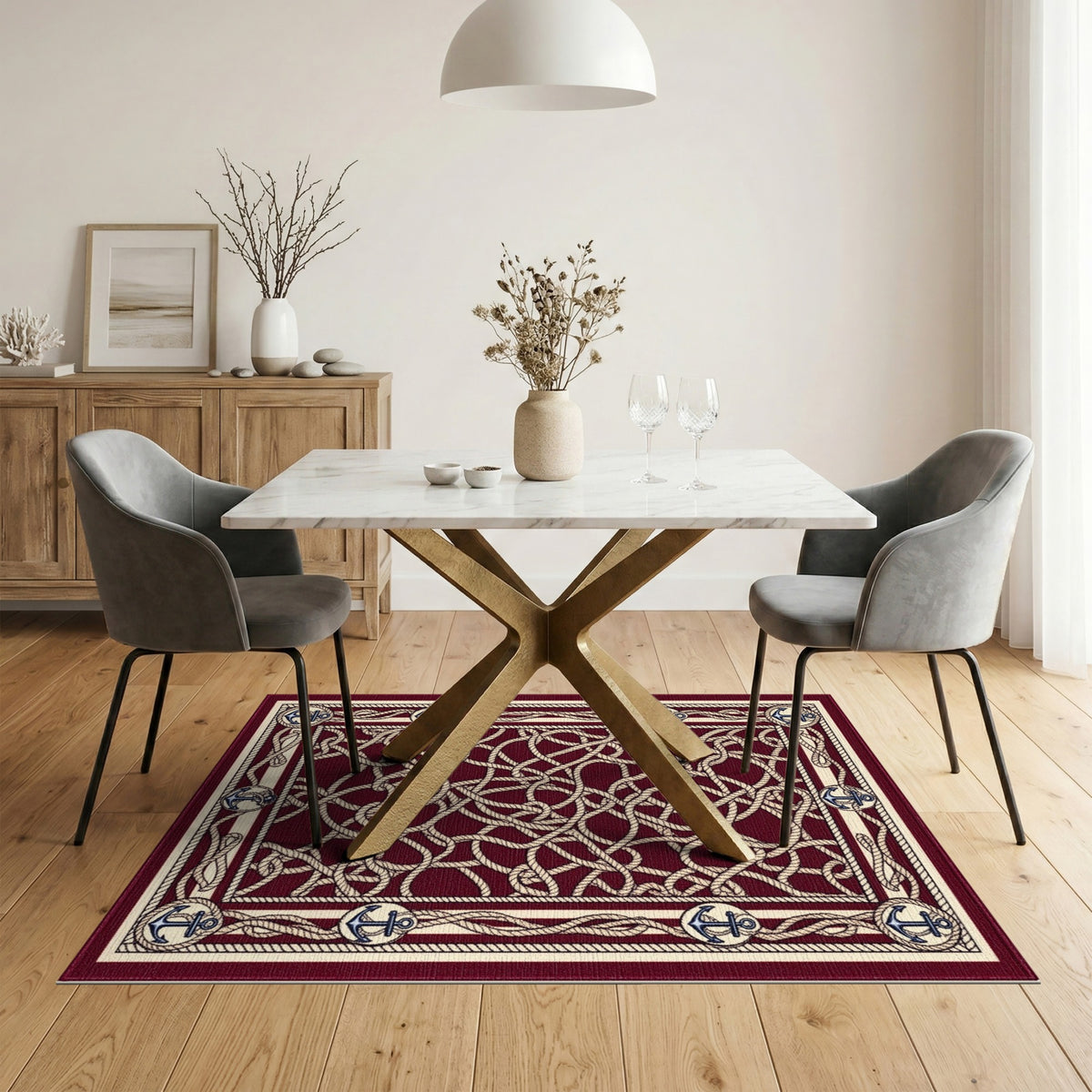 Coastal Beach Red Nautical Anchor Rope Area Rug