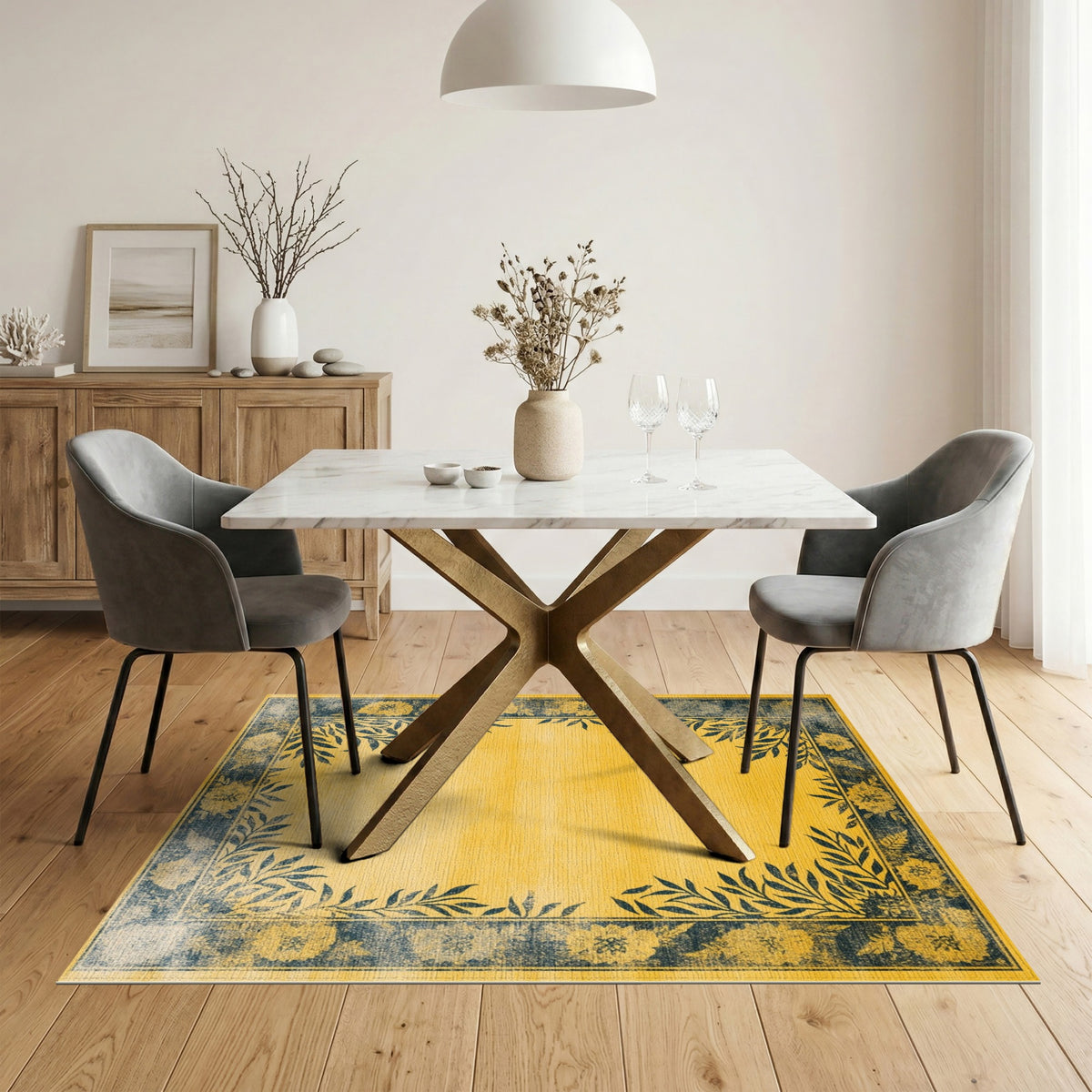 Yellow Floral Vintage Distressed Rug