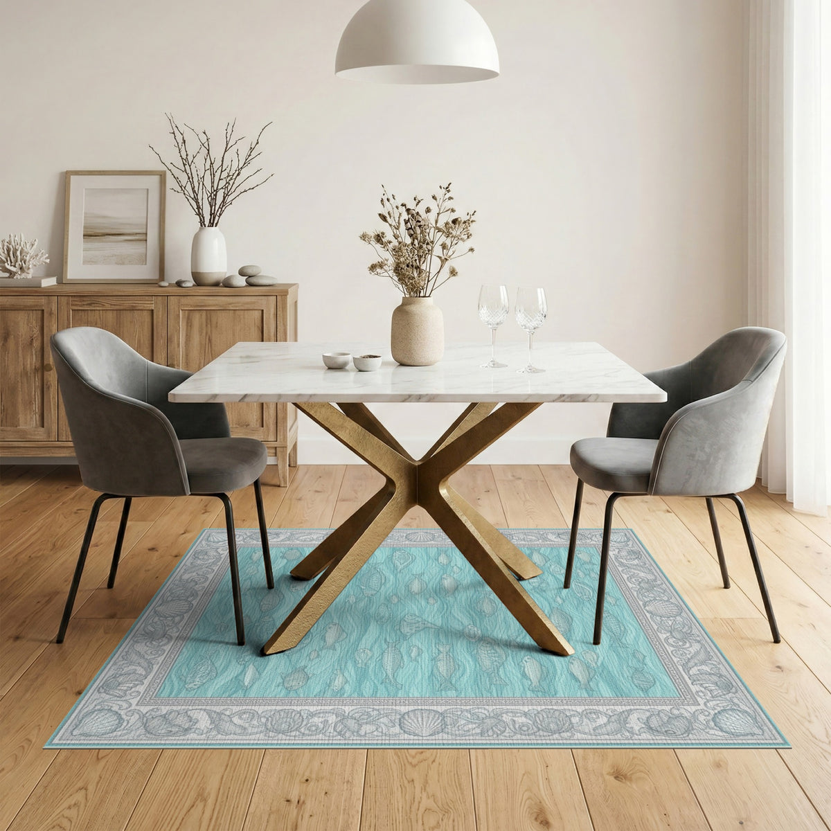 Blue Coastal Fish and Seashell Area Rug
