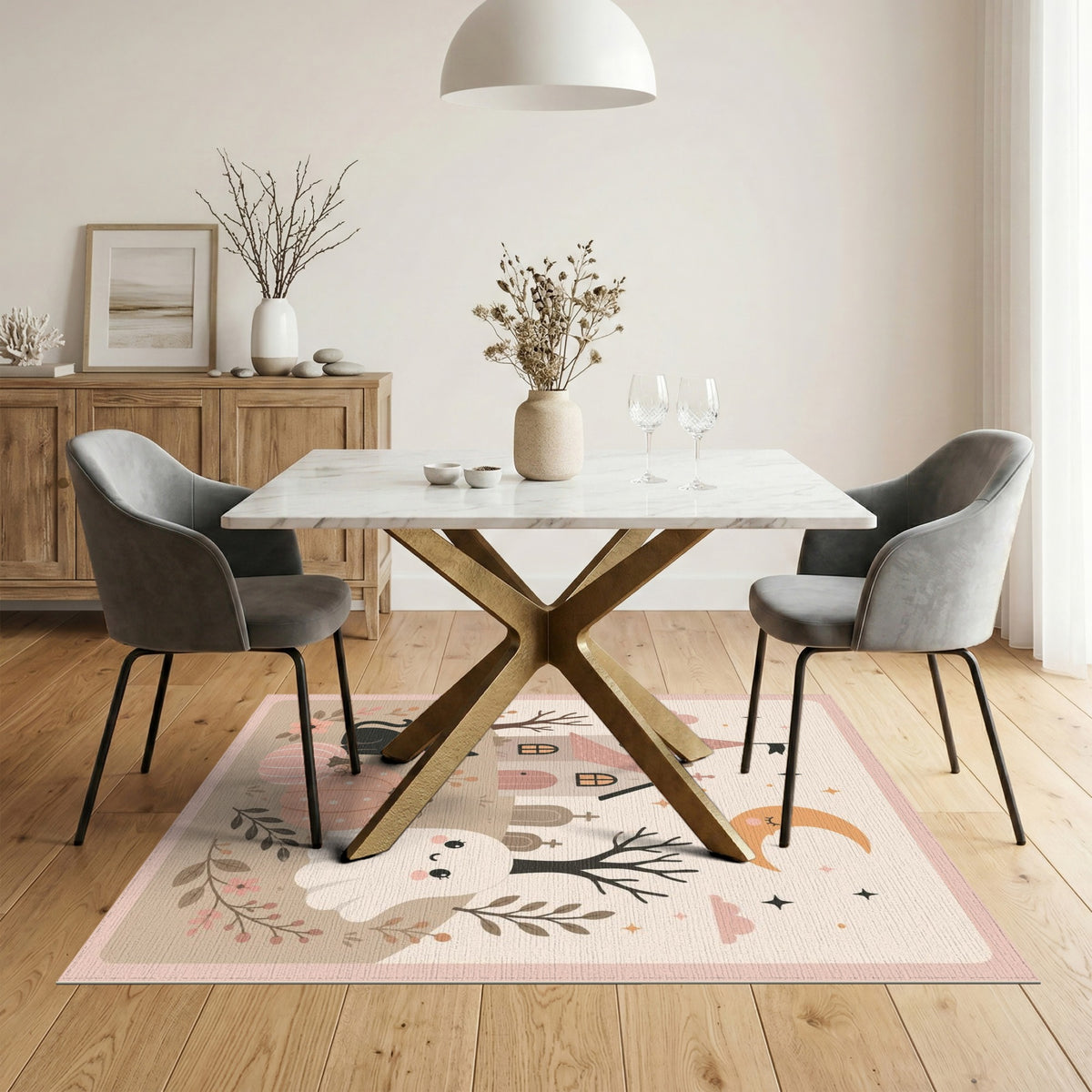 Beige and Neutral Whimsical Halloween Ghost Cat Area Rug
