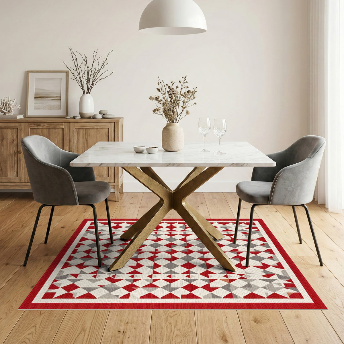 Red Grey Geometric Diamond Area Rug