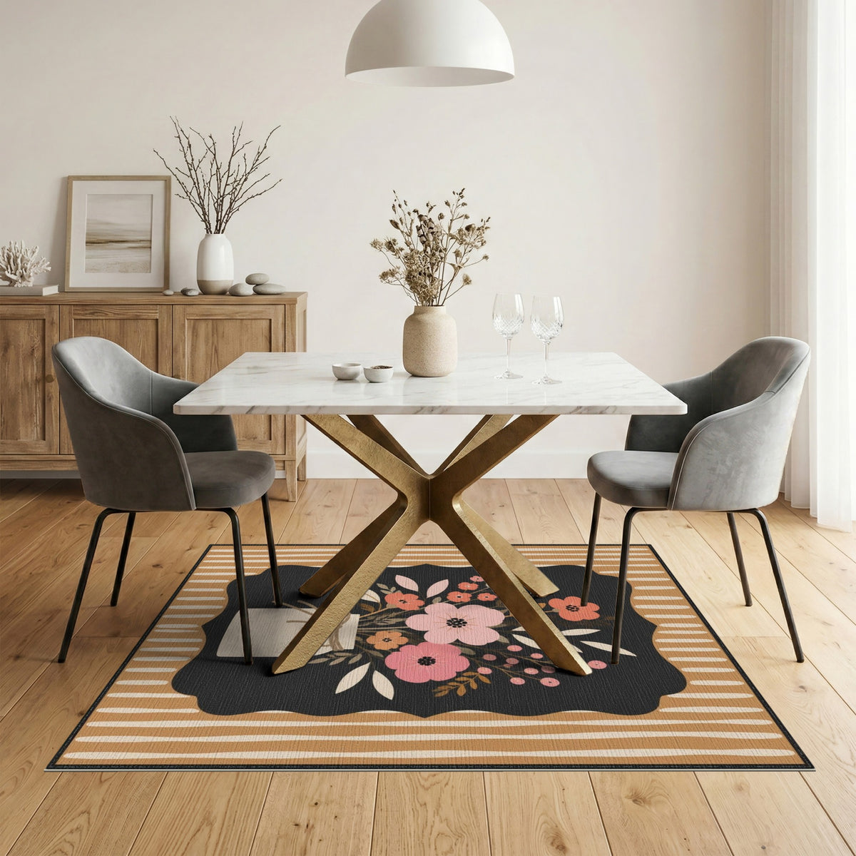 Brown Tan Floral Vase Area Rug