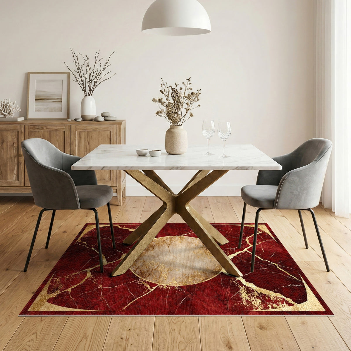 Red Marble Gold Medallion Area Rug