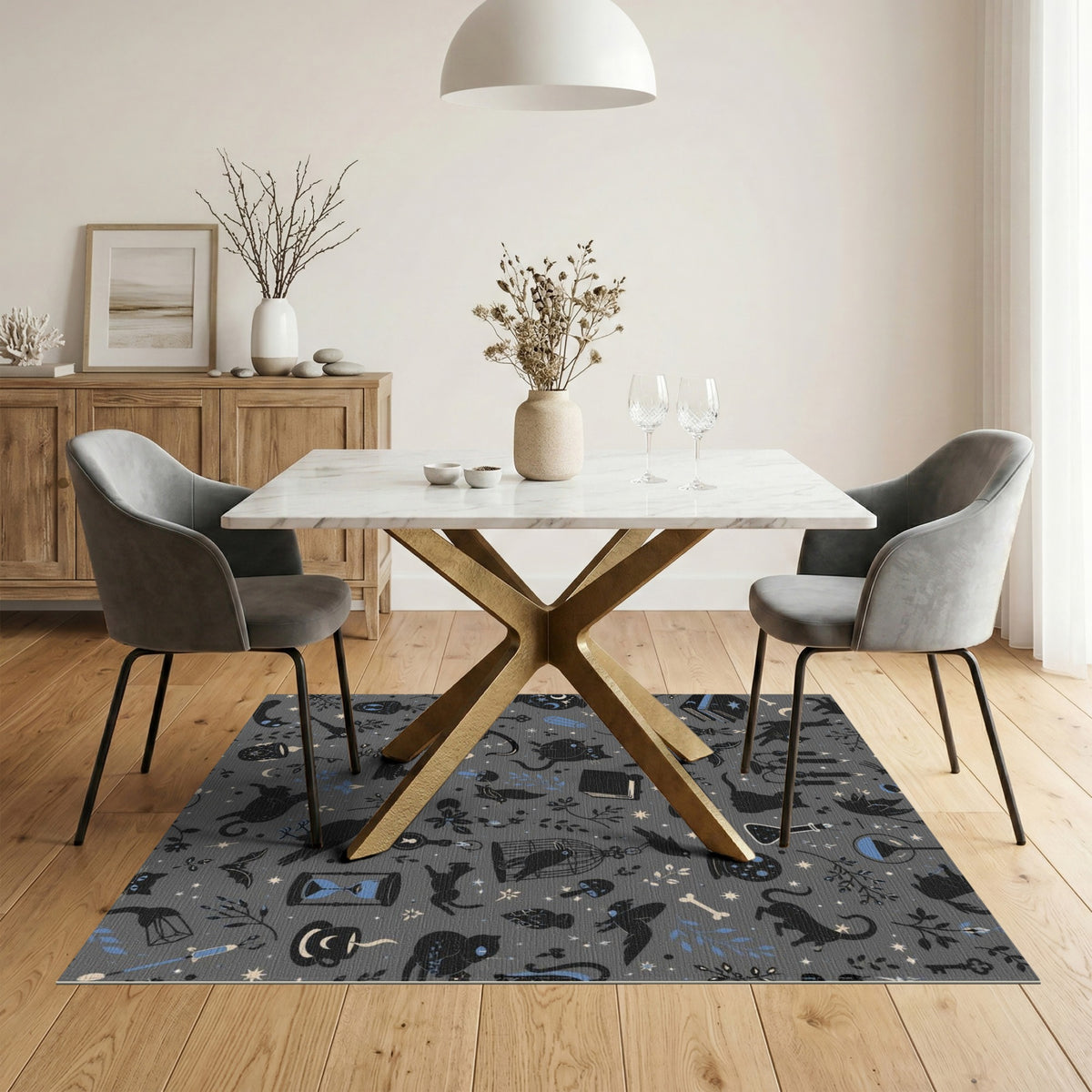 Mystical Black Cat Grey Washable Area Rug