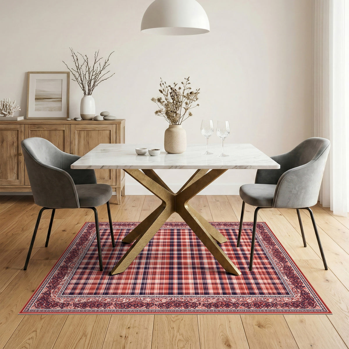 Red Plaid Vintage Border Area Rug