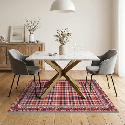 Red Plaid Vintage Border Area Rug