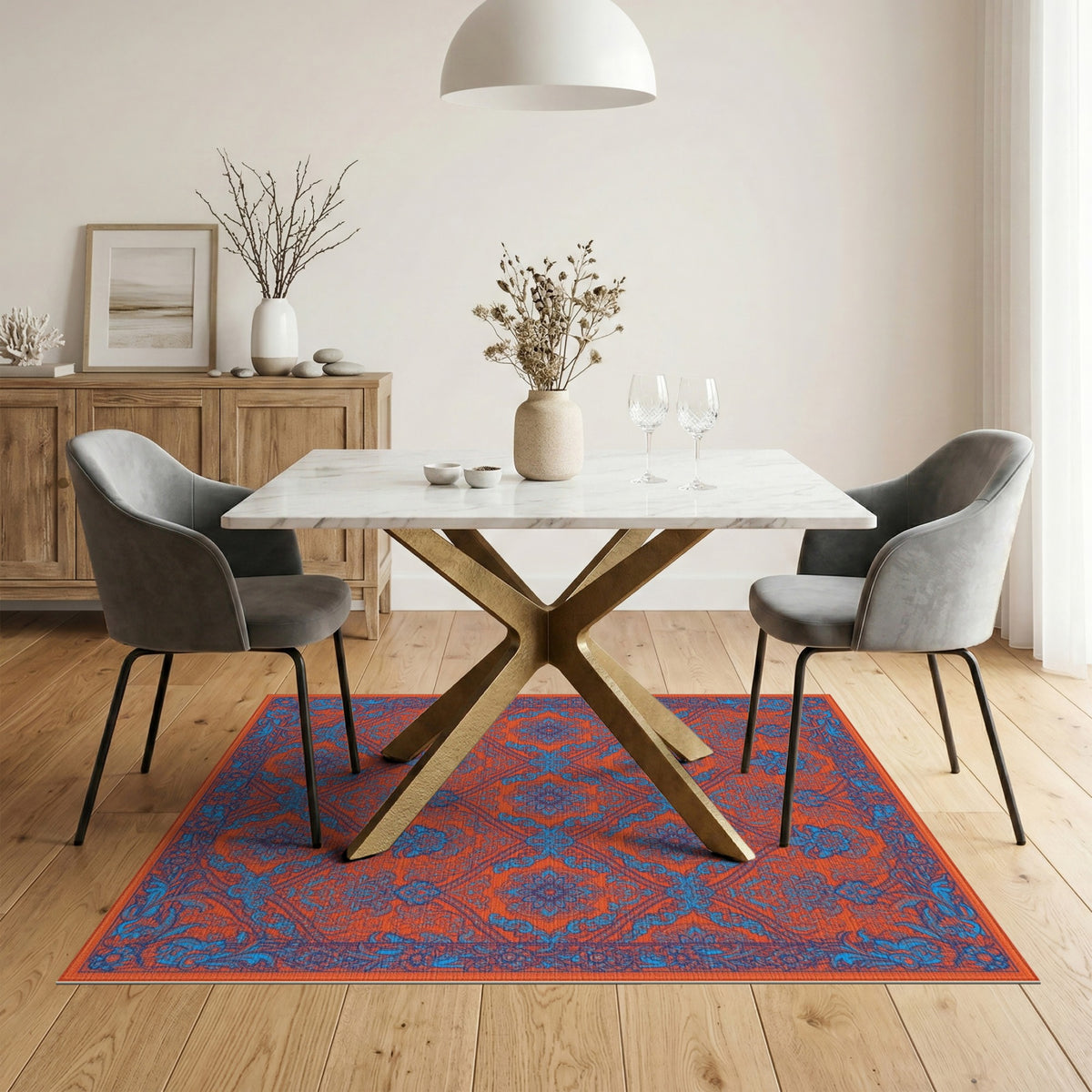 Orange Vibrant Orange Blue Persian Floral Area Rug
