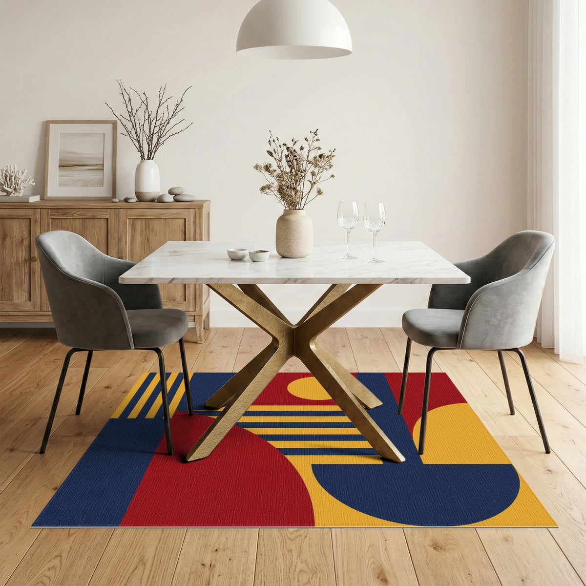 Bold Geometric Red Blue Yellow Area Rug