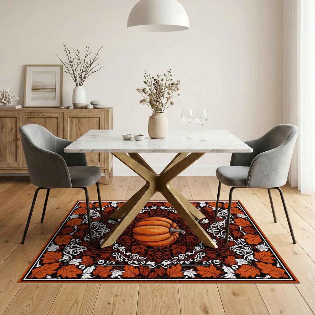 Rustic Farmhouse Orange Pumpkin Fall Area Rug
