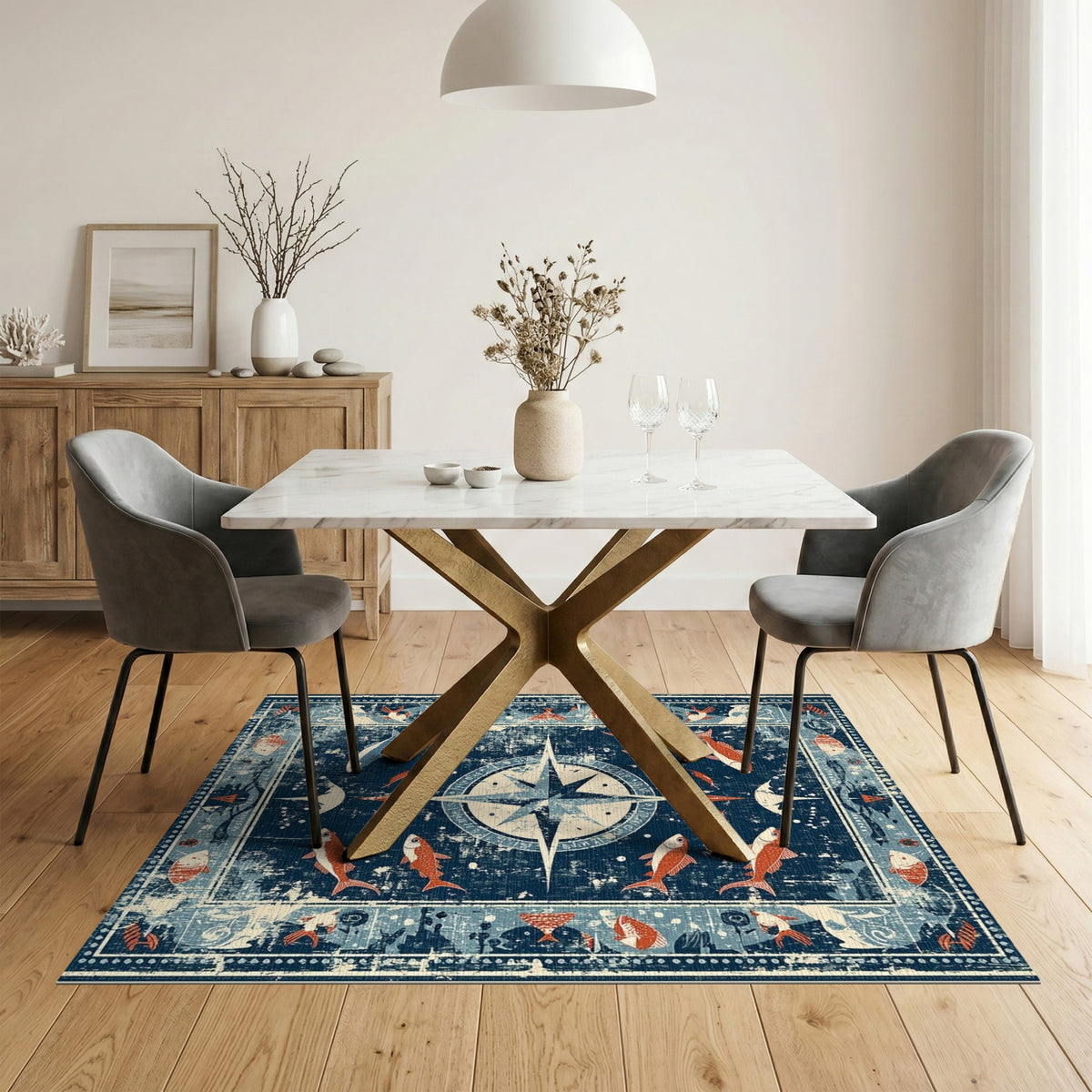 Distressed Nautical Compass Fish Area Rug