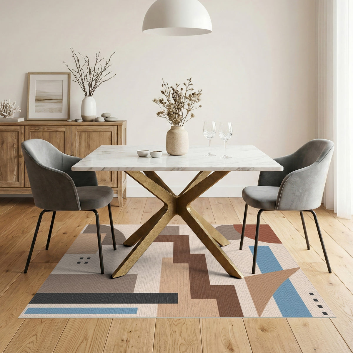 Modern Geometric Beige Area Rug with Brown Steps