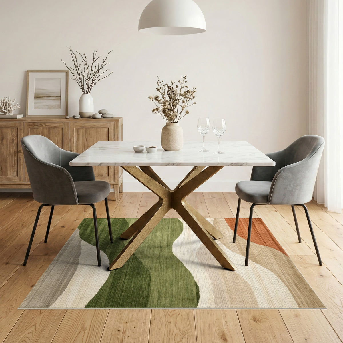 Abstract Wave Area Rug in Beige and Green