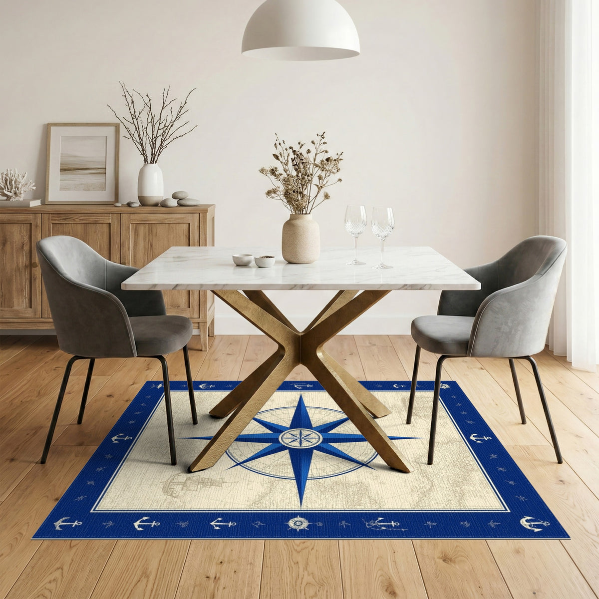 Blue Nautical Compass Vintage Area Rug