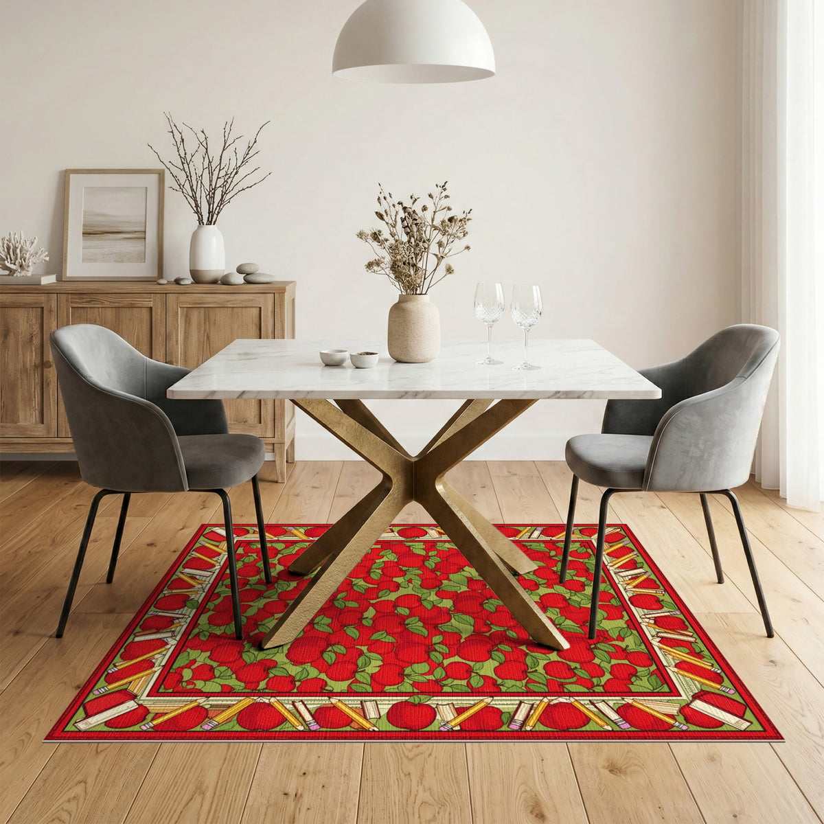 Red Apple Kids Area Rug with Pencil Border