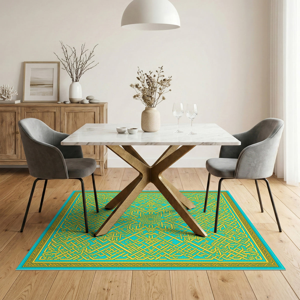 Blue and Teal Geometric Interlock Area Rug
