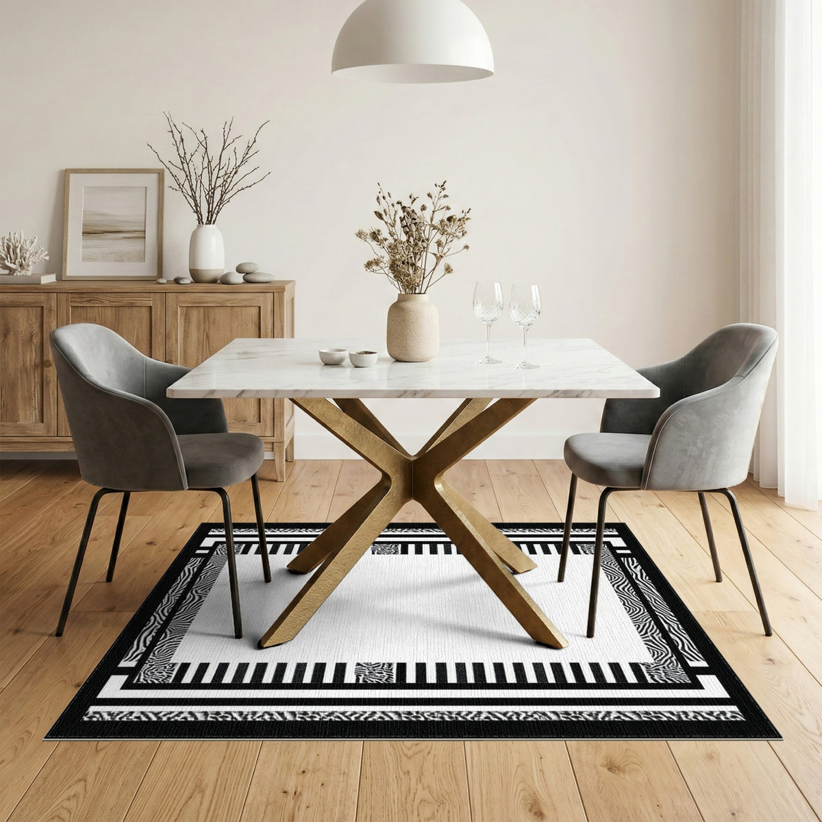Black White Geometric Zebra Border Rug