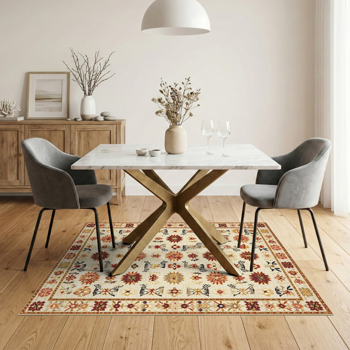 Beige and Neutral Beige Vintage Floral Medallion Area Rug