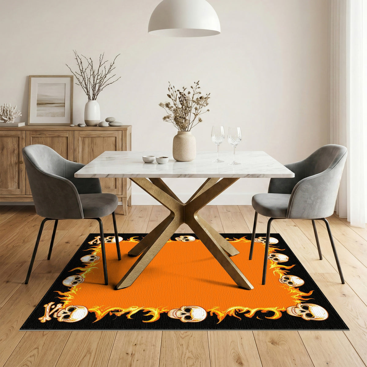 Fiery Skull Flame Orange Area Rug