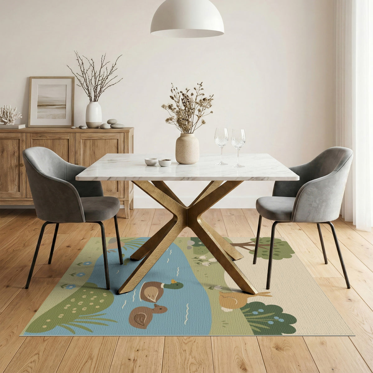 Whimsical Pond Duck Rabbit Kids Area Rug