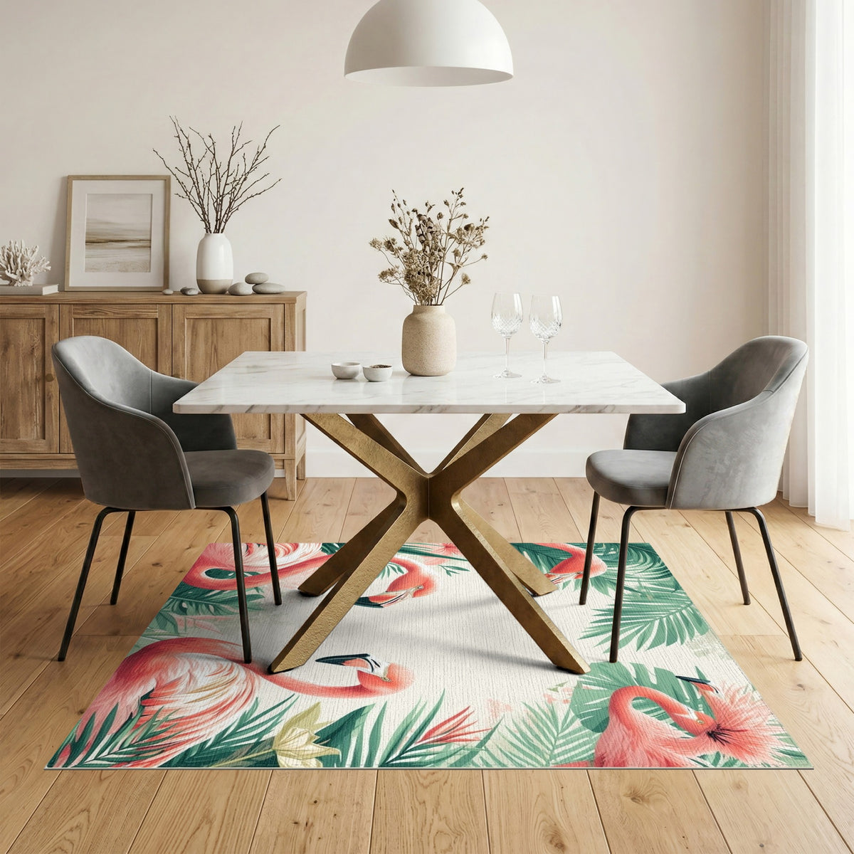 Flamingo Coastal Beach Pink Flamingo Palm Leaf Area Rug