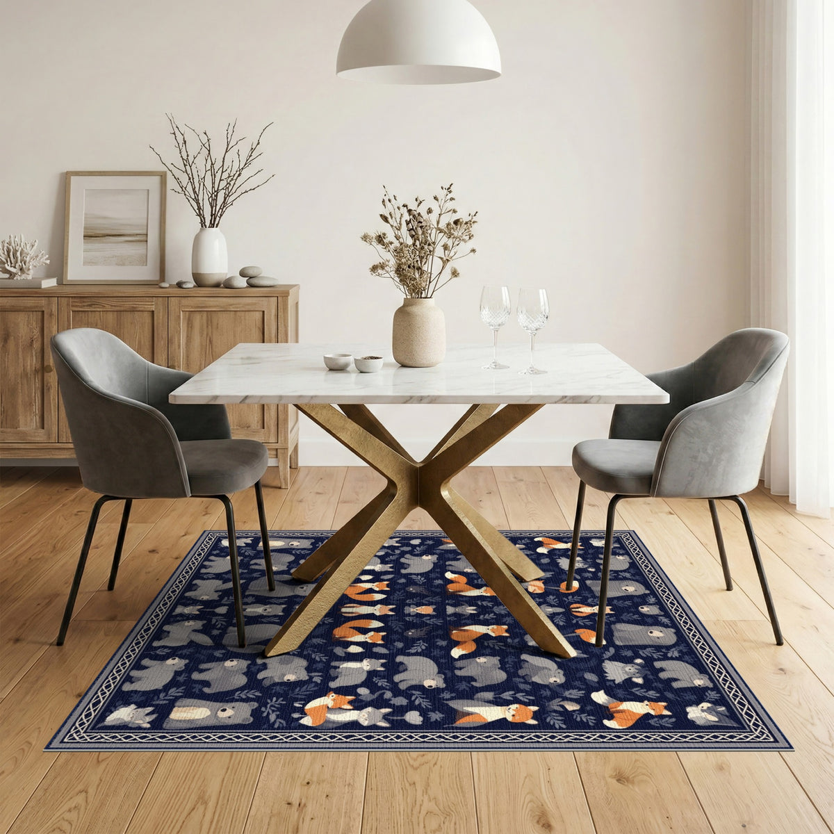 Navy Blue Woodland Animals Kids Area Rug