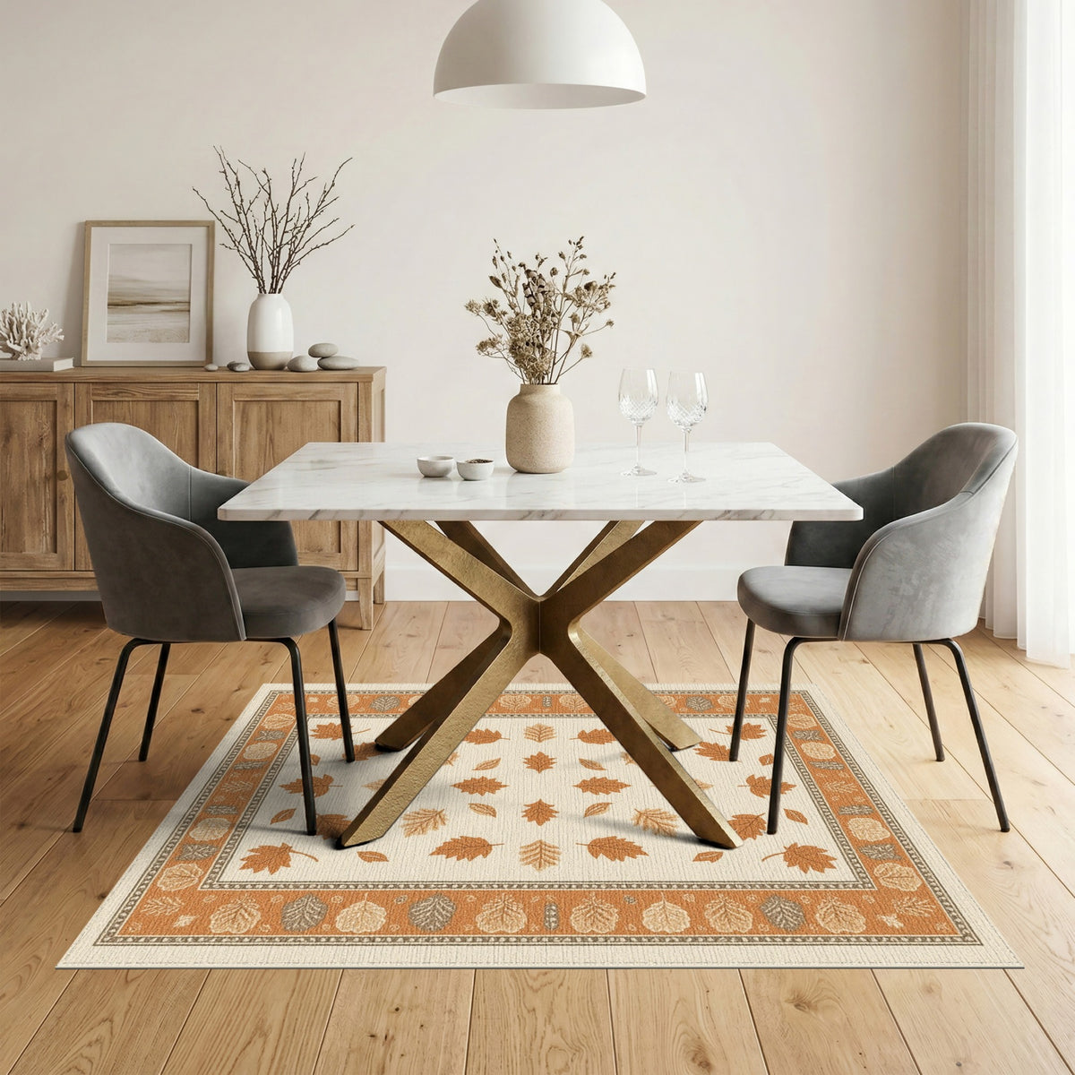 Beige Brown Leaf Border Area Rug